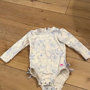 Ruffle Butts Cream and Blue Floral Kids Swim One Piece